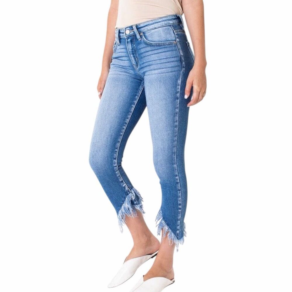 KANCAN Women’s Light Blue Mid Rise Raw Frayed Hem Ankle Skinny Jeans Size 5 / 26